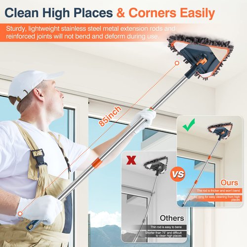 85 Inch Wall Cleaner with Long Handle, 360° Rotatable Wall Mop, Wall Washer Cleaner Tool for Walls/Ceiling Fans/Dust/Baseboard/Floors Clean, 6 Replacement Pads and 3 Silicon Squeegee Scraper Strips