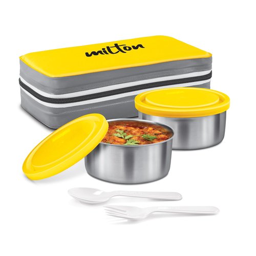 MILTON New Mini Lunch Insulated Tiffin with 2 Containers, 280 ml Each, Yellow