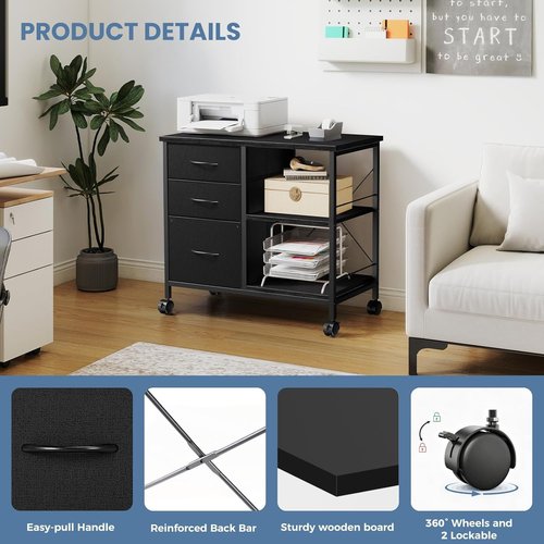 Healsmart Heavy Duty Mobile File Cabinet - 3 Fabric Drawers & Rolling Printer Stand | Black