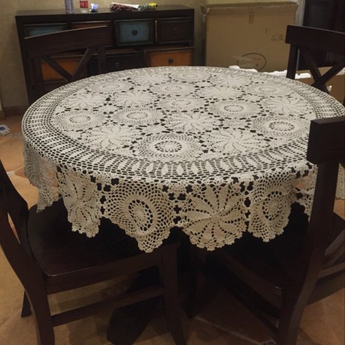YIZUNNU Beige Round Handmade Crochet Tablecloth Cotton Lace Table Doilies (59")