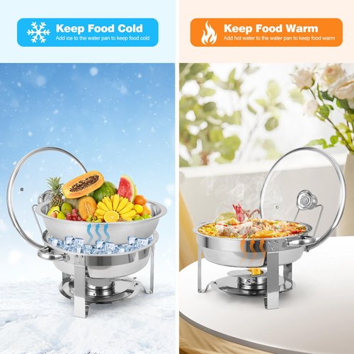 GarveeHome Chafing Dish Buffet Set 4 Pack 5 QT, Stainless Steel Round Chafing Dishes for Buffet with Lid Holder & Glass Lid, Buffet Servers and Warmers for Parties, Wedding, Camping, Dinner, Silver