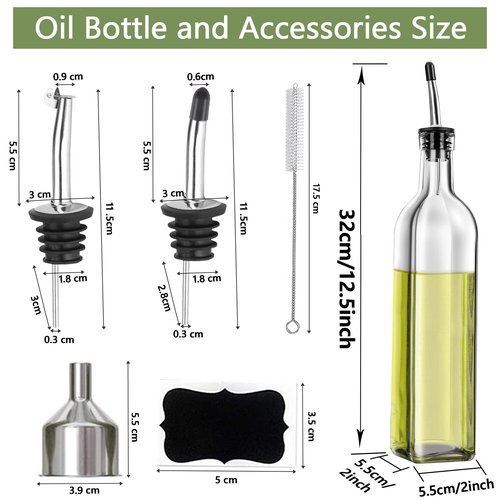 Leaflai Olive Oil Dispenser Bottle, 2 Pcs Glass Olive Oil Dispenser and Vinegar Dispenser Set with 2 Stainless Steel Pourers, 4 Labels,1 Brush and 1 Funnel Oil Bottles for Kitchen (500ml)