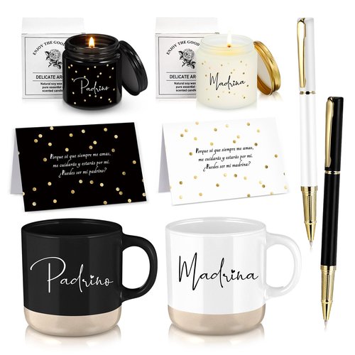 Baderke 2 Set 8 Pcs Godparents Proposal Gift Madrina Padrino Mug Will You Be My Godparents from Godchild Card Scented Candle Jar Ballpoint Pen Valentines Baptism Gift for Godmother Godfather(Spanish)