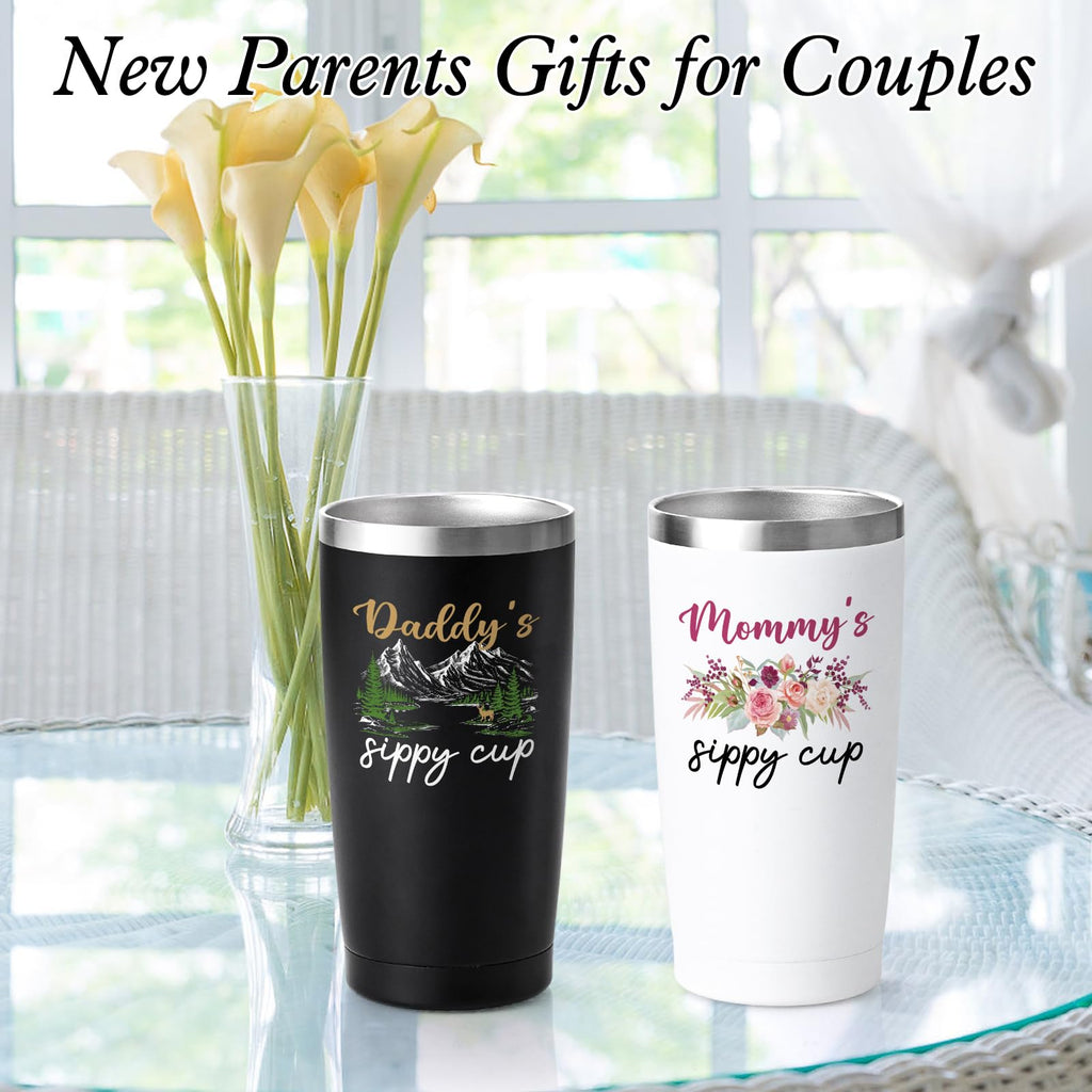 Qtencas New Parents Gifts for Couples, Daddy's Sippy Cup and Mommy's Sippy Cup Tumbler Set, Mom and Dad Gift, Father's Day Thanksgiving Christmas Baby Shower Gifts for First-Time mom and Dad, 20oz