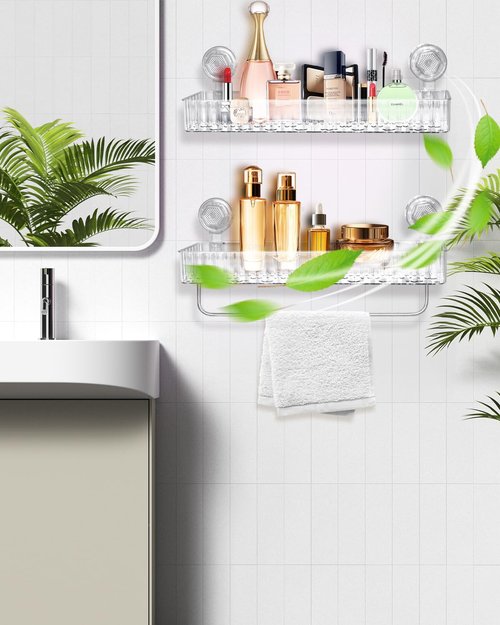 JXYT Shower Caddy Suction Cup,2 Pack Shower Shelf for Bathroom Storage,No Drilling Removable Transparent Clear Shower Caddy Suction Cup,Large Capacity Reusable Shelves,Max Hold 11lbs With towel bar
