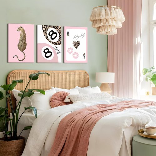 Funky Lucky You | Trendy Leopard Canvas Wall Art Set of 3 - Pink Cheetah Prints for Girls' Bedroom | 12x16 Inch Framed Decor