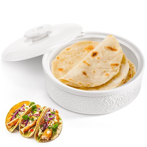 SOUJOY Ceramic Tortilla Warmer, 8.5 Inch Embossed Taco Holder with Lid, Microwave and Oven Safe Tortilla Storage Container for Mexican Party Tuesday Night, Hold up to 12 Tortillas, White