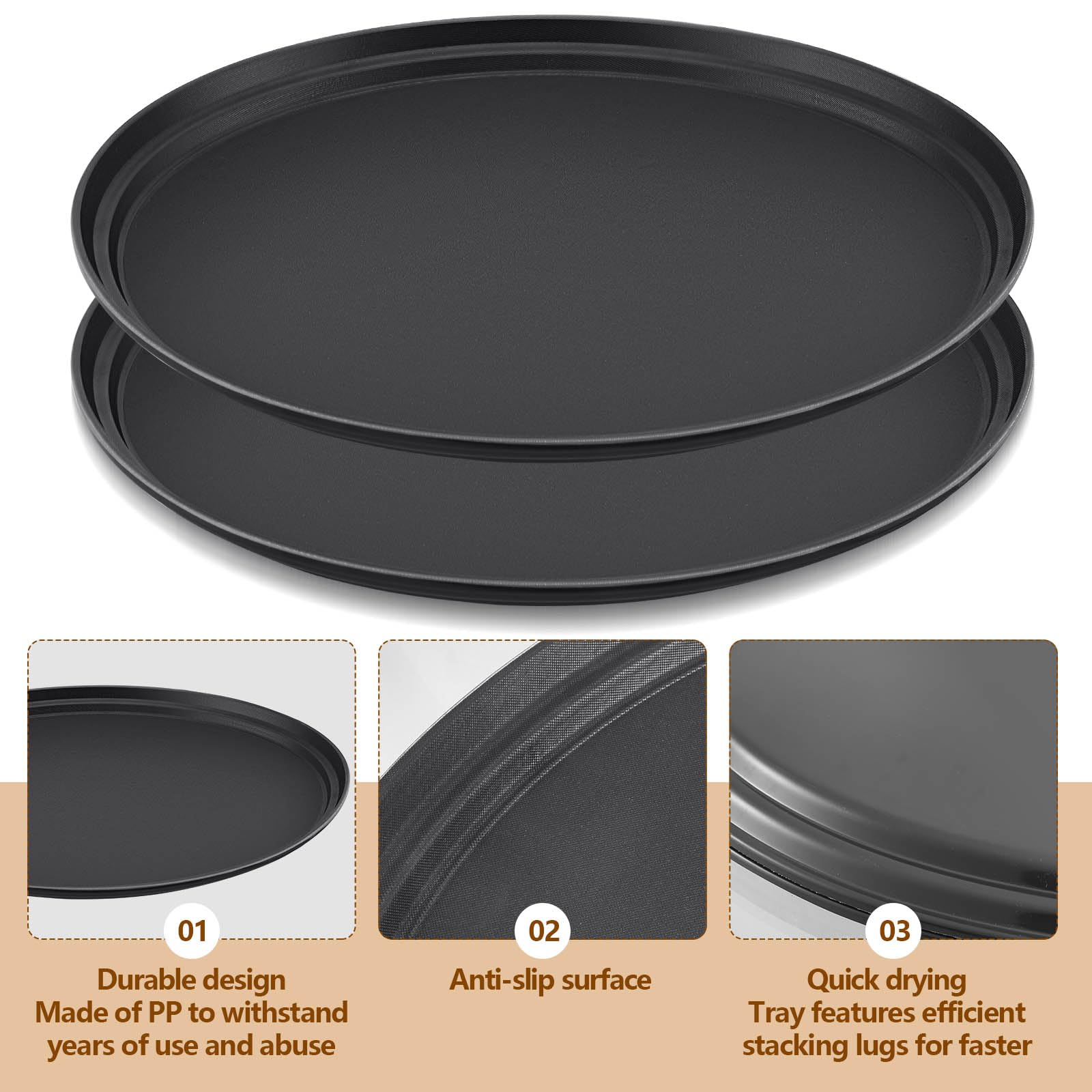 FillTouch 2 Pcs Restaurant Serving Trays PP Plastic Non Slip Rubber Lined Large Oval Tray for Kitchen Dining Room Cafeterias Fast Food Service (25 x 20 Inch,Black)