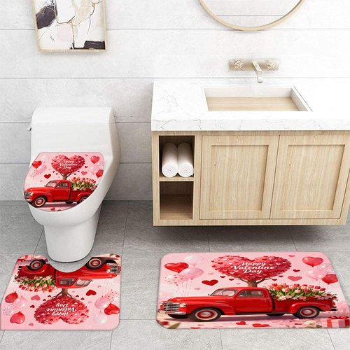 DDS-DUDES Lover Shower Curtain Set for Bathroom, Wedding,Happy Valentine's Day Red Car Heart Bath Curtain, Waterproof Fabric Shower Curtains with Hooks 71x71 inches