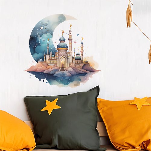 Dreamy Moon Castle Stars Cartoon Wall Stickers, sacinora Islam Blue Castle Wall Decals Removable Vinyl Peel and Stick for Kids Baby Nursery Bedroom Playroom Toddler Room Art Home Decorations