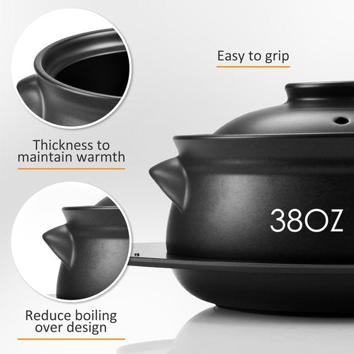 Kritkin 3 Pcs Korean Stone Pot Clay Cooking Pot Set Ceramic Sizzling Hot Bowl Korean Bibimbap Soup Dolsot Bowl with Lids for Ttukbaegi and Koreans Stew (38 oz)