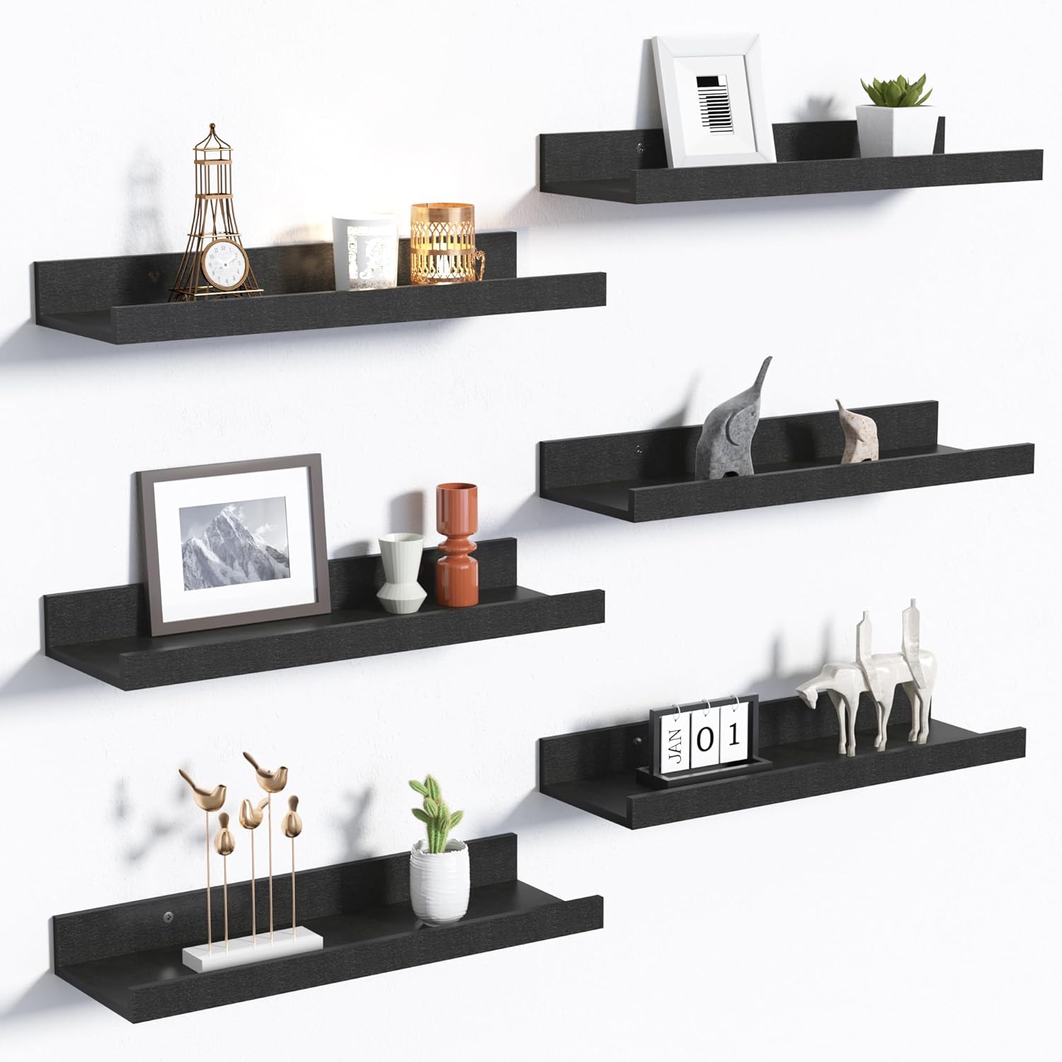 Upsimples Floating Wall Shelves - Set of 6 Decorative Wood Shelves for Bedroom, Living Room, Kitchen | Black