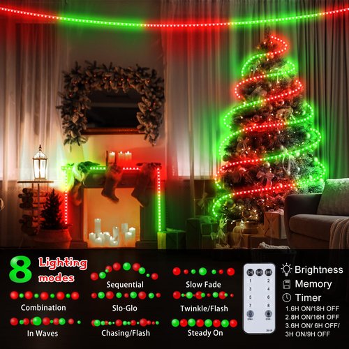 Kenburg Christmas Rope Lights Outdoor, 100Ft 1200 LED Red and Green String Lights, Waterproof Tube Light Plug in 8 Modes Timer Memory, Permanent Christmas Lights for Tree Fence Yard House Decorations