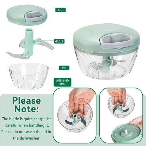 Manual Food Processor Vegetable Chopper,‌ Portable Hand Pull String Garlic Mincer Onion Cutter for Veggies, Suitable for Vegetables, Ginger, Garlic, Fruits, Onion, Potato, Salad (Green 500 ml)