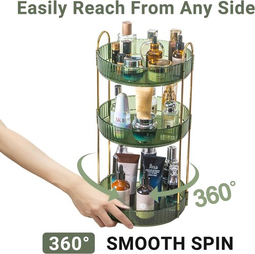 Asayuee 360 Rotating Perfume Organizer - 3 Tier Large Capacity Makeup Storage | Green Cosmetic Stand