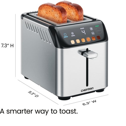 Chefman Smart Touch 2 Slice Digital Toaster, 6 Shade Settings, Stainless Steel with Extra-Wide Slots, Thick Bread and Bagel, +10, Defrost, Removable Crumb Tray