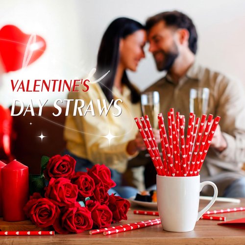 Honeydak 100 Pieces Valentine's Day Reusable Straws Bulk 9" Red Heart Hard Plastic Drinking Straws for Beverage Cocktail Mason Jar Tumbler Valentine's Day Birthday Love Party Supplies