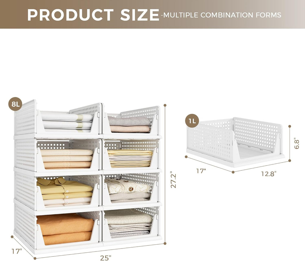 Pinkpum 8-Pack Closet Organizers - Stackable Plastic Storage Bins for Wardrobe & Kitchen | White