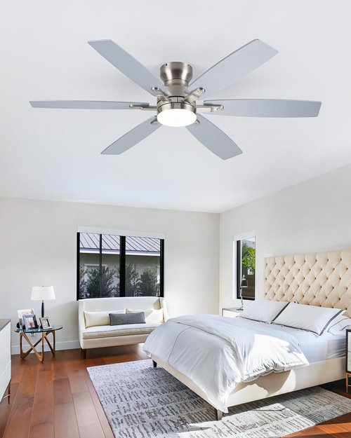 Coolwind 52 Inch Silver Low Profile Ceiling Fan with Light, 6 Speeds 3 Color Temperatures Led Outdoor Ceiling Fans for Bedroom
