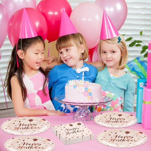 HFBOBP 50PCS Happy Birthday Paper Plates and Napkins Set - 7 Inch Pink Rose Gold Birthday Cake Plates Scalloped Dessert Plate Disposable Tableware for Birthday's Party Supplies Decorations