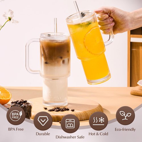 GOSCHE 26oz Glass Tumbler with Straws and Lids, Ribbed Iced Coffee Cups, Thickened Glass Cups Set Ideal for Coffee, Smoothies, Cocktails, and Juices, Clear, 2 Pack