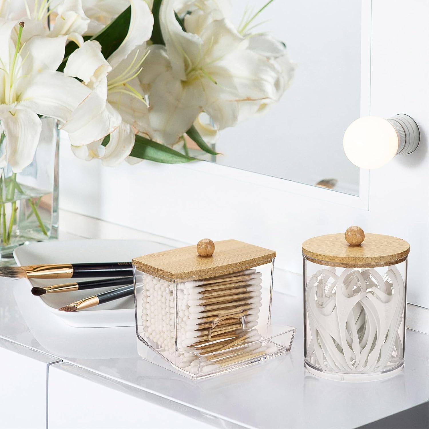 Tbestmax Cotton Swab Dispenser - Stylish Bathroom Organizer with Bamboo Lid | 10/12 oz Apothecary Jar