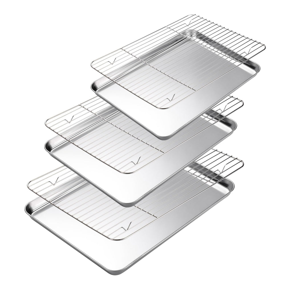 Amrules Baking Sheet with Cooling Rack Set of 6, 3 Premium Stainless Steel Cookie Sheets and 3 Wire Racks, Kitchen Nonstick Baking Pans Set Includes 3 Different Sizes, Heavy Duty Non Toxic