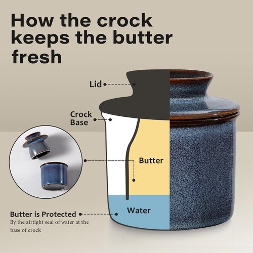 Blue French Butter Dish，Handmade Reactive Glaze Ceramic Butter Crock with Water Line for Speradable Fresh Butter