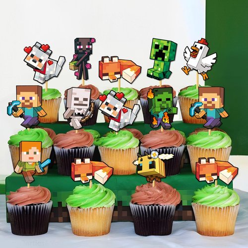 Pixel Birthday Party Decorations, Game Styled Gamer Party Supplies, lnclude Happy Birthday Banner, Balloons, Cake Toppers, Cartoon Party Celebrate Supplies