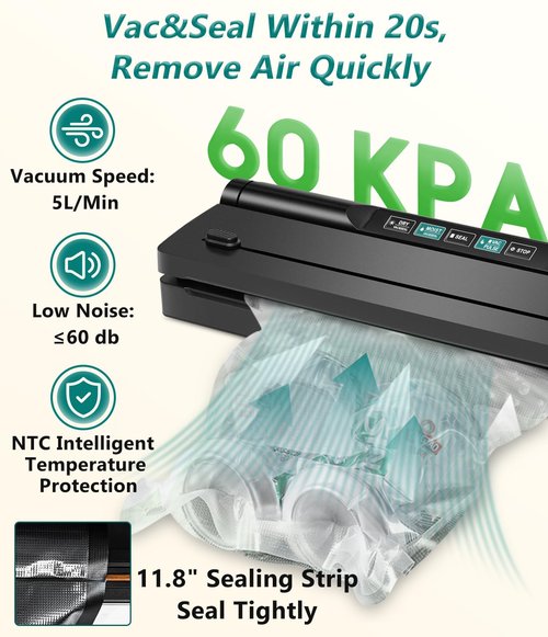 KVSK Vacuum Sealer Machine Automatic Black 6615H Food Preservation Storage, One-Click Dry&Moist Vac Seal Mode, 60kPa Suction, 11"x9.8' Black Sealer Roll, Liquid Block Cotton Pads, Removable Drip Tray