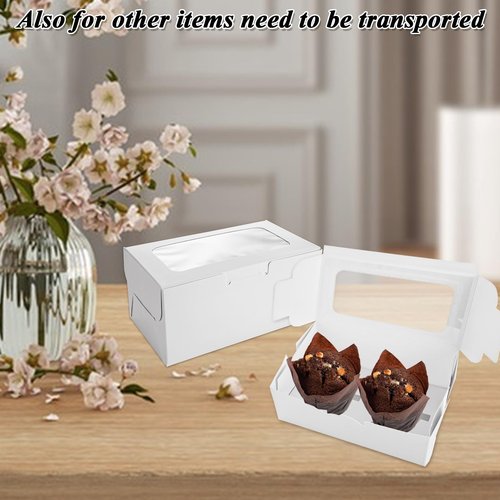 AKOLAFE 100 Set White Cupcake Boxes 2 Cupcake Holder with Lid To Go Cupcake Containers Reusable Cardboard Cupcake Boxes Bulk with Clear Window Cupcake Carrier for Cup Cake Packaging Transport Storage