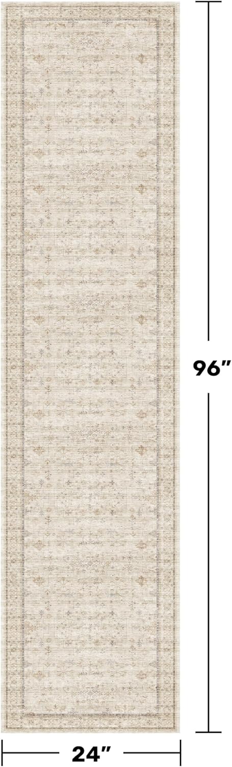 Regine Switzerland Washable 2x8 Runner Rug - Non-Slip, Stain Resistant, Vintage Beige Geometric Design