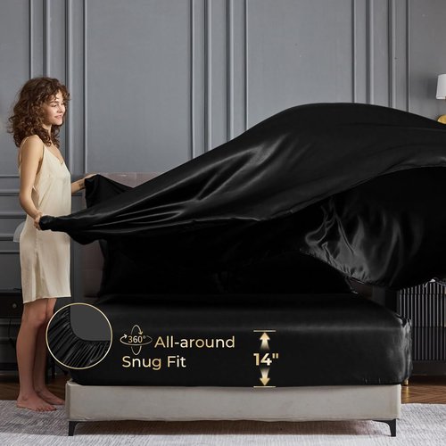 Sasttie Satin Sheets Queen Size - 4 Pieces Luxury Soft Black Silky Bed Sheets Set with Pillowcases - Smooth Silk-Like Satin Fabric, Reinforced 14 Inches Pocket, Oeko-Tex Certified