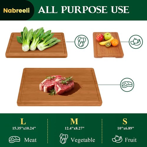 Bamboo Cutting Board Set - Carbonized Wood Chopping Boards with Juice Groove & Non-Slip Feet | Large Wooden Boards for Meat & Cheese