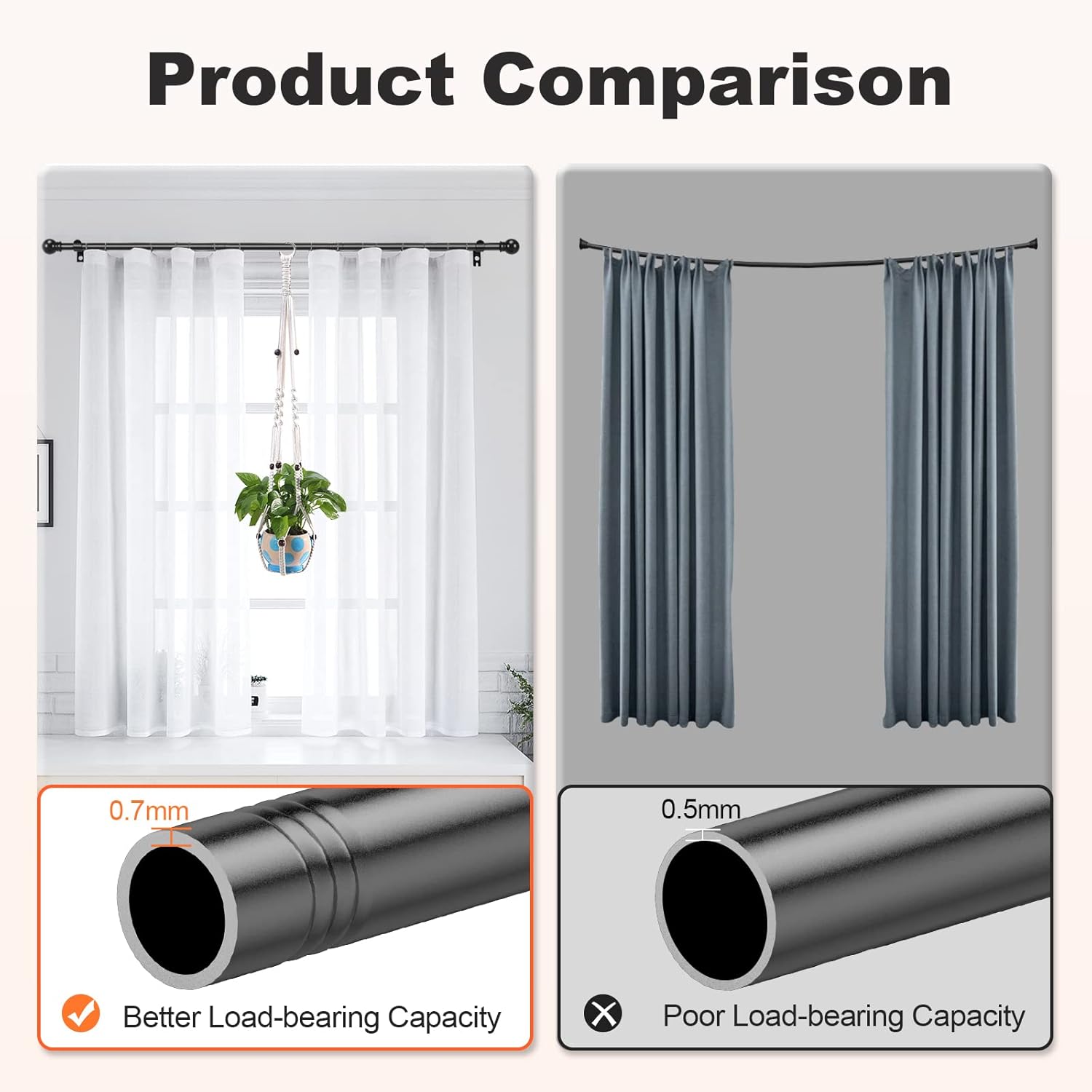 Skiennix Black Curtain Rods - Adjustable 36"-48" Decorative Drapery Rod for Bedroom & Living Room