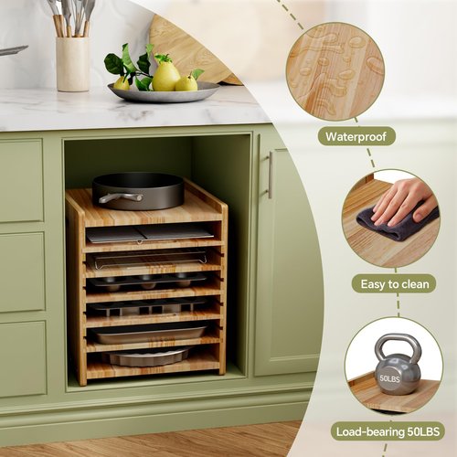 HAIDAIYA 7 Tiers Cookie Sheet Organizer for Cabinet, Wooden Tray Dividers for Kitchen Cabinets Baking Sheet Pan Organizer, for Heavy Pans, Cutting Board, Bakeware, Kitchen Cupboard Storage, Solid Wood