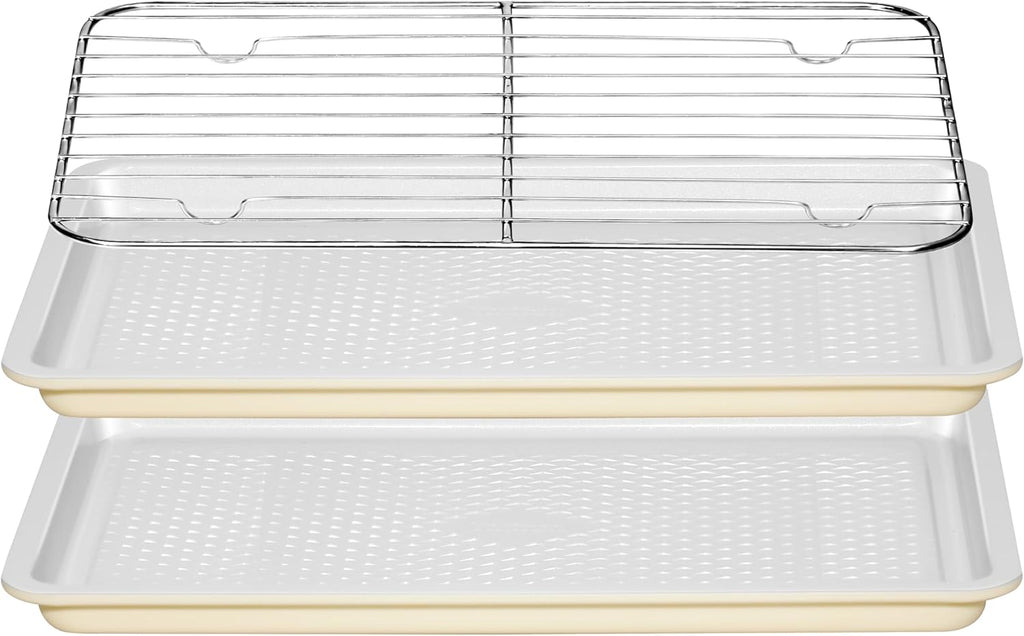 Skiennix Nonstick Ceramic Baking Sheet Set - 2-Pack 13x9 Quarter Pan, Oven Safe 550°F, Dishwasher Safe, Gray/Yellow