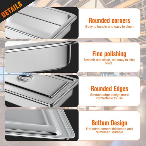 Hotel Pan, Full Size Steam Table Pan 2.5" Deep Stainless Steel With Lid 20.8" L x 13" W Anti-Jam Buffet Commercial (4 Pack)