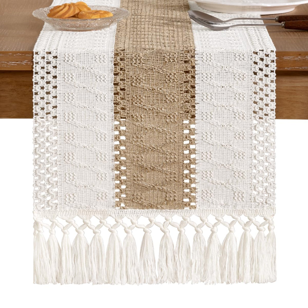 Socomi Boho Table Runner Summer Farmhouse Rustic Dining Kitchen Centerpiece Decor Small Macrame Woven Cotton Linen Coffee Table Runner for Dresser Scarf Home Decor 12x72 inch