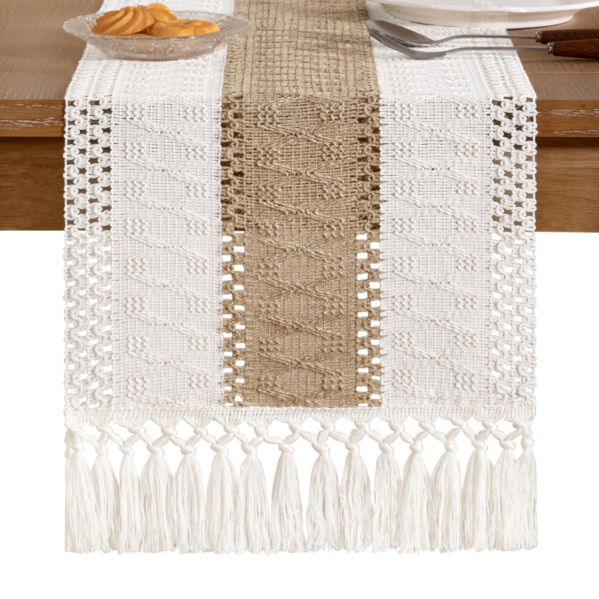 Socomi Boho Table Runner Summer Farmhouse Rustic Dining Kitchen Centerpiece Decor Small Macrame Woven Cotton Linen Coffee Table Runner for Dresser Scarf Home Decor 12x72 inch