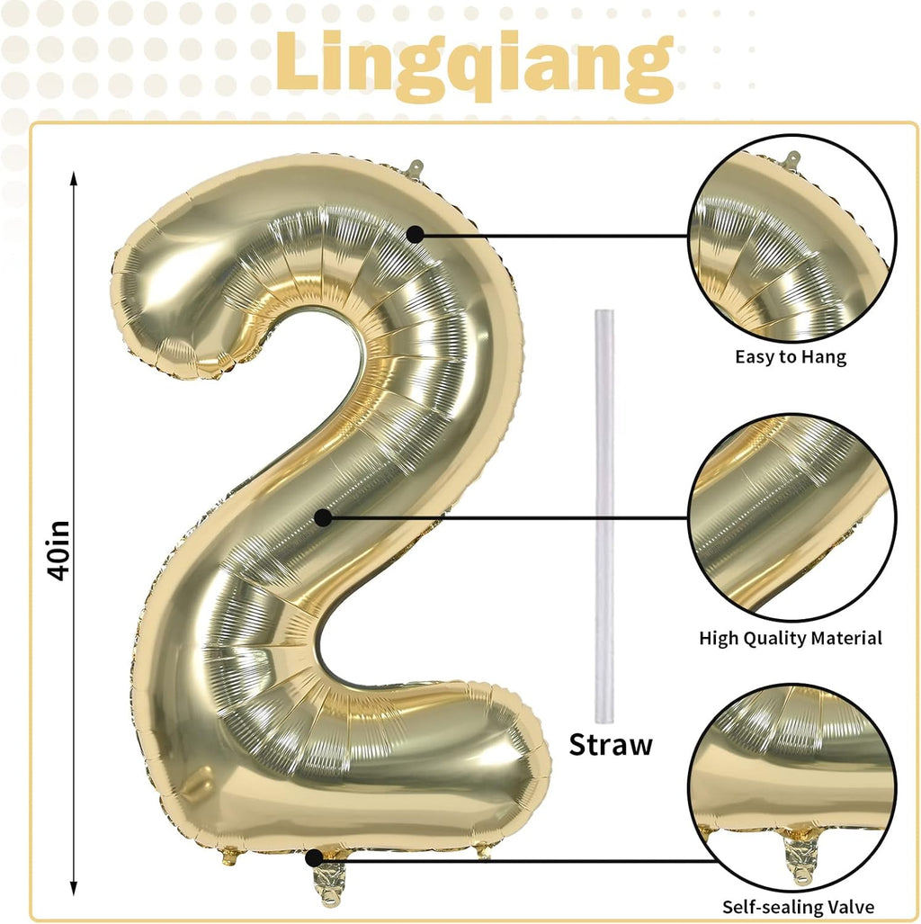 Skiennix 40-Inch Champagne Gold Number 2 Balloon - Large Foil Helium Decoration for 2nd Birthday & Anniversaries