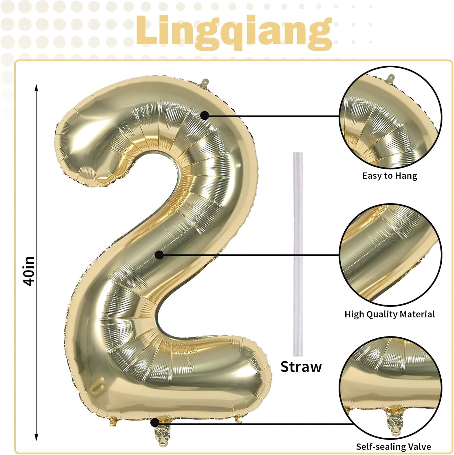 Skiennix 40-Inch Champagne Gold Number 2 Balloon - Large Foil Helium Decoration for 2nd Birthday & Anniversaries