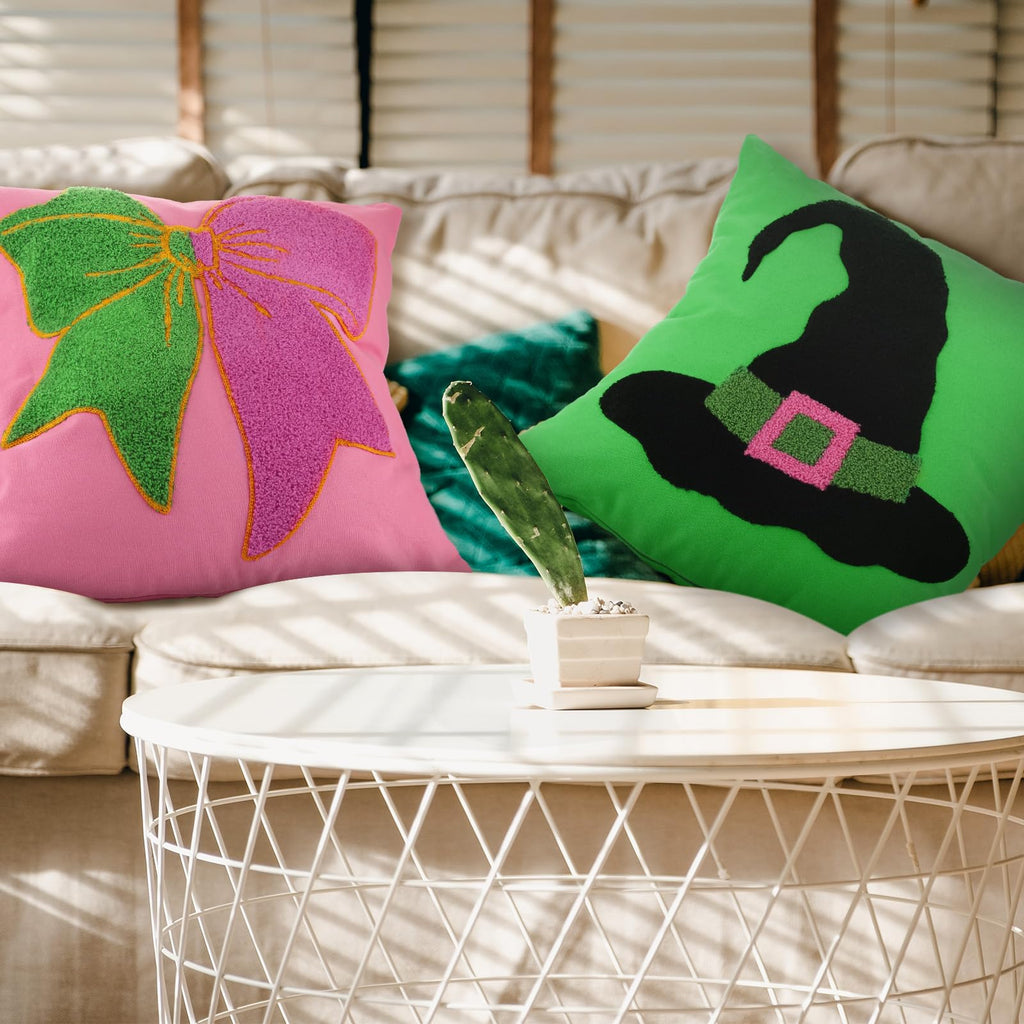 Cinnvoice 2 Pcs Pink and Green Pillow Covers Witch Embroidered Pillow Hat and Bow for Cute Birthday Gift Party Decorations
