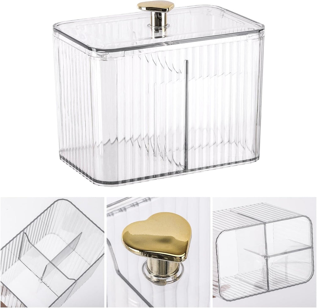 Tbestmax Qtip Holder Dispenser - Clear 3-Section Bathroom Organizer Jar for Cotton Swabs & Pads
