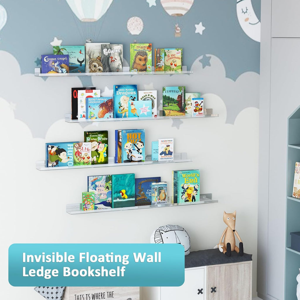 Albumgit 4 Pack Acrylic Wall Shelves - Self-Adhesive 15" Clear Floating Shelf for Home Organization