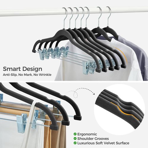 HOUSE DAY Velvet Hangers - Non-Slip Adjustable Clips 20 Pack | Heavy-Duty 360° Hook for All Clothing (Black)