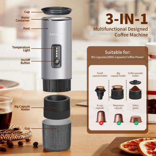 Loezora Stainless Steel Portable Espresso Maker – 20Bar, 7500mAh Rechargeable, 3-in-1 for Nespresso/DG Capsules & Ground Coffee, Self-Heating, Best Value for Camping Car Travel (Silver