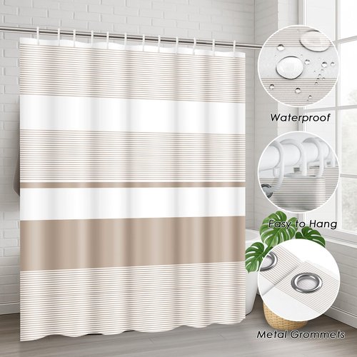 Tayney Beige Shower Curtain Set with Toilet Lid Cover and Non-Slip Rugs for Bathroom, Modern Striped Lines 4 Pcs Shower Curtain, Simple Abstract Bathroom Set with 12 Hooks