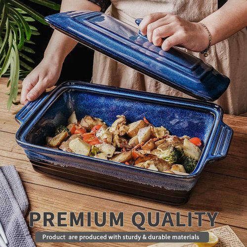 KOOV Ceramic Casserole Dish - Covered Rectangular Lasagna Pan for Cooking | 9 x 13 Inches, Nebula Blue