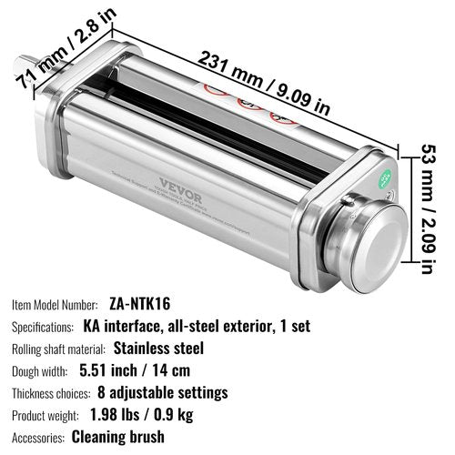 VEVOR Patsa Roller Attchemnt for KitchenAid Stand Mixer, Stainless Steel Pasta Maker Attachment, Pasta Maker Machine Accessory with 8 Adjustable Thickness Knob, KitchenAid Pasta Attachment by VEVOR